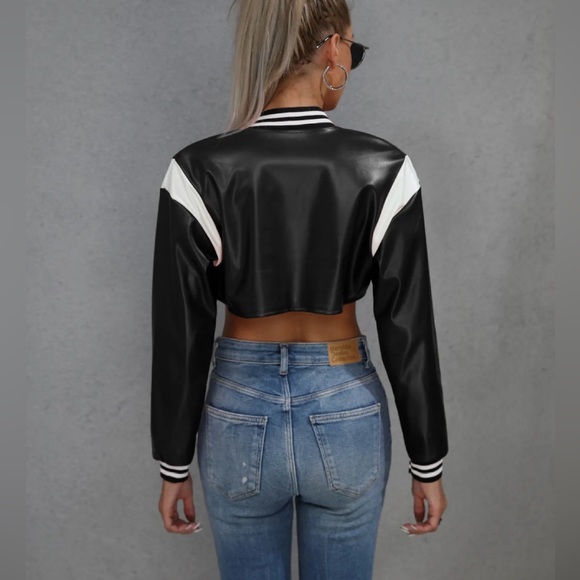 Cropped Faux Leather Bomber Jacket - Picture 4 of 5